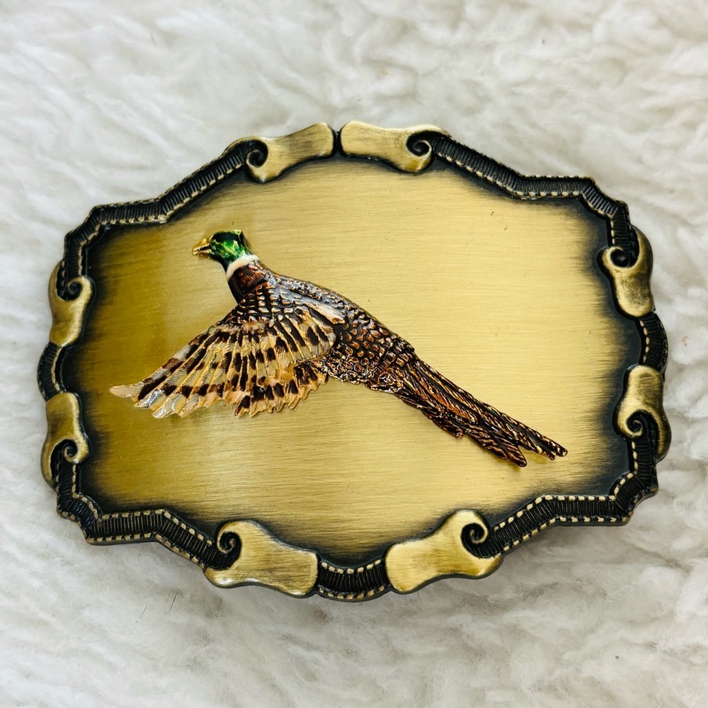 Gold Brass Vintage 1970’s Raintree Protected Belt Buckle with Pheasant Design